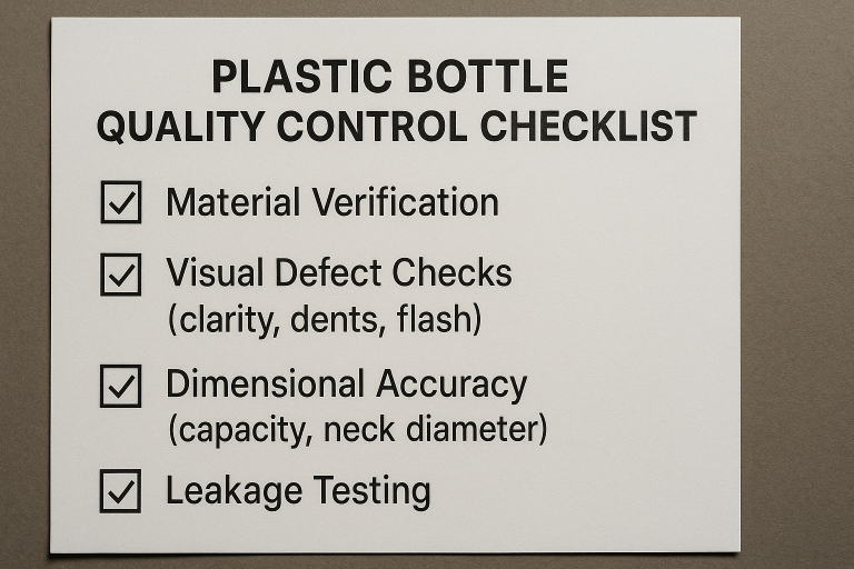 Checklist highlighting essential quality control points for plastic bottles, including rigorous material verification, detailed visual defect checks (clarity, dents, flash), precise dimensional accuracy measurements (capacity, neck diameter), and comprehensive leakage testing protocols.