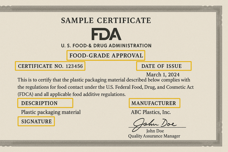 Sample certificate of FDA food-grade approval for plastic packaging material, with key sections clearly highlighted to show what specific information buyers should meticulously verify for compliance and regulatory adherence.