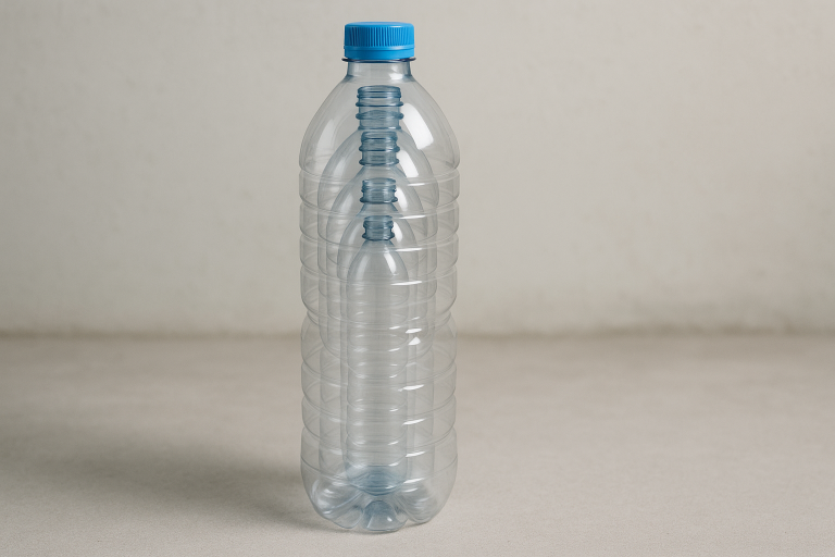 Series of images illustrating optimized packaging strategies for plastic bottles: bottles efficiently nested within each other, bottles meticulously separated by cardboard dividers within a carton, and a tightly palletized, shrink-wrapped stack of cartons expertly loaded into a shipping container, maximizing space and protection.