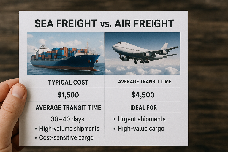 Infographic clearly comparing sea freight and air freight for plastic bottle shipments, illustrating typical costs, average transit times, and ideal use cases for each method to inform strategic logistics decisions.