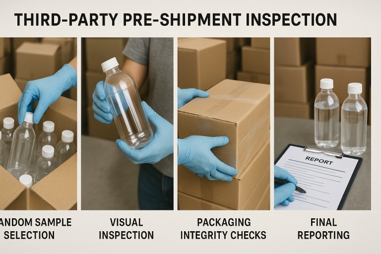 A visual representation of a comprehensive third-party pre-shipment inspection process specifically for plastic bottles, detailing stages from random sample selection to packaging integrity checks and final reporting, illustrating robust QC implementation.