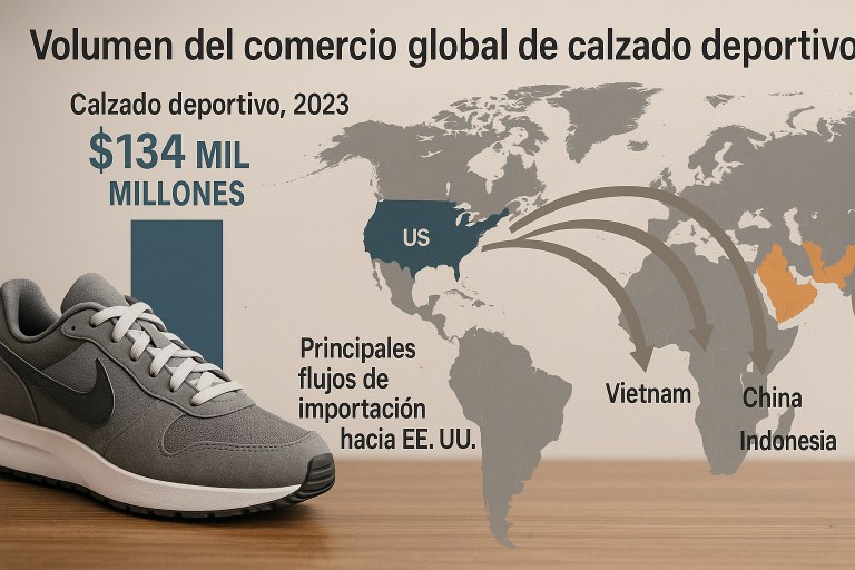 Infografía profesional que muestra el volumen del comercio global de calzado deportivo en miles de millones de dólares (2023) y los principales flujos de importación hacia EE. UU., ilustrando la magnitud del mercado global y su relevancia para las estrategias de aprovisionamiento de enis.
