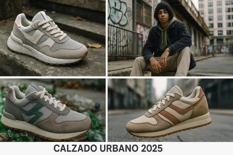 Panel de tendencias visual que combina imágenes de calzado deportivo con elementos urbanos, materiales reciclados y diseños retro, ejemplificando la tendencia 