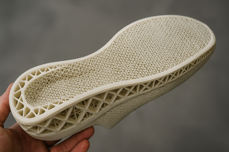Imagen de una suela de zapatilla impresa en 3D, destacando la complejidad de su estructura y cómo la impresión 3D optimiza el rendimiento y el uso del material, una innovación clave para enis.