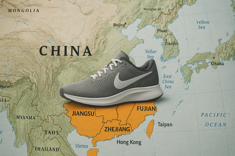 Mapa profesional de China que resalta las provincias clave (Fujian, Guangdong, Jiangsu, Zhejiang) como centros geográficos para la producción de calzado deportivo, ilustrando la importancia de la especialización regional en el aprovisionamiento de enis.