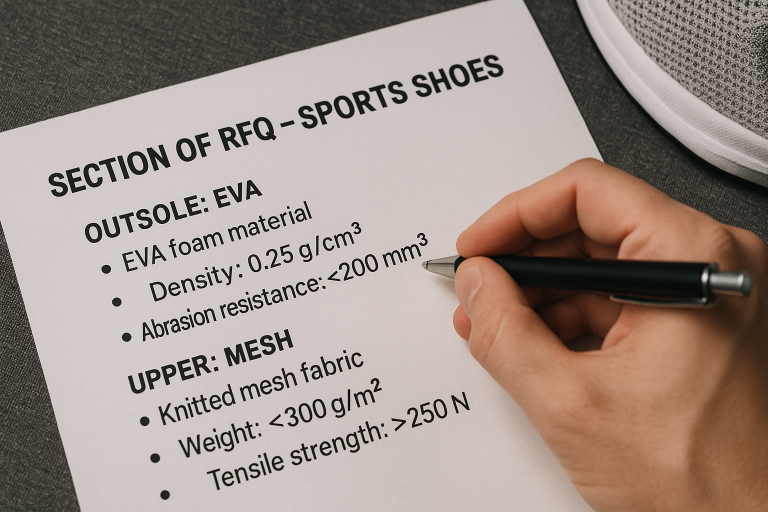 Ejemplo de una sección de RFQ para calzado deportivo, mostrando cómo un profesional especifica detalladamente los materiales de la suela (EVA) y la parte superior (malla), incluyendo métricas de rendimiento y durabilidad esperadas para enis.