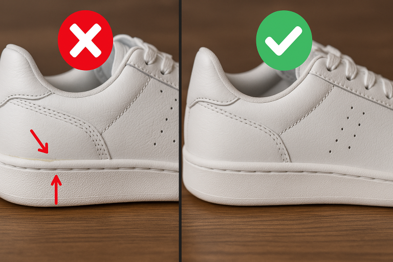 Imágenes comparativas de defectos comunes en zapatillas (exceso de pegamento, costuras irregulares) versus un producto de calidad impecable, con indicadores visuales que muestro a mis inspectores para identificar los puntos críticos en el control de calidad de enis.