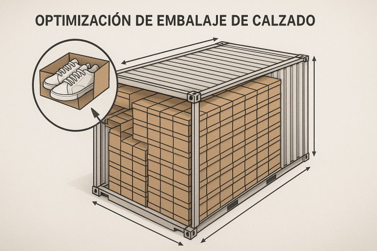Diagrama técnico que ilustra la optimización del embalaje de calzado dentro de un contenedor de envío estándar, demostrando cómo una disposición eficiente maximiza la capacidad y reduce costos de transporte para enis.