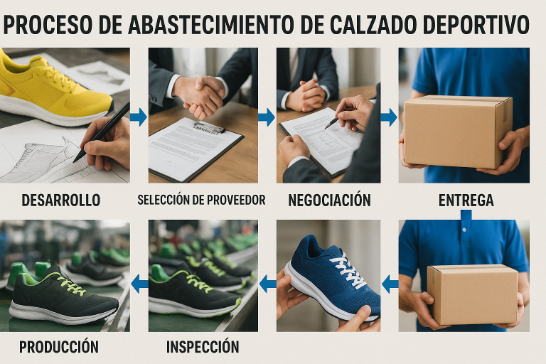 Infografía que detalla los pasos clave de un proceso de abastecimiento de calzado deportivo de principio a fin, guiando al lector a través de cada fase que yo implemento con mis clientes.