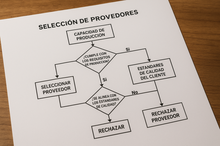 Diagrama de flujo de decisiones para la selección de proveedores de enis, ilustrando mi metodología para evaluar la capacidad de producción y la alineación con los estándares de calidad del cliente.