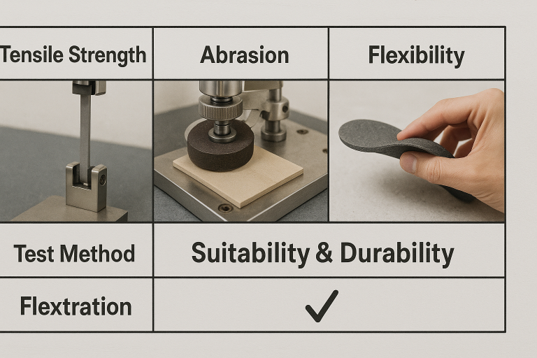 Tabla comparativa de diferentes métodos de prueba de materiales para enis (resistencia a la tracción, abrasión, flexibilidad), mostrando cómo yo determino la idoneidad y durabilidad.
