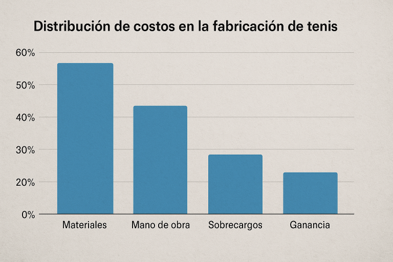 Gráfico de barras que muestra la distribución de costos típica en la fabricación de enis (materiales, mano de obra, sobrecargos, etc.), ayudando a mis clientes a entender la estructura de precios.