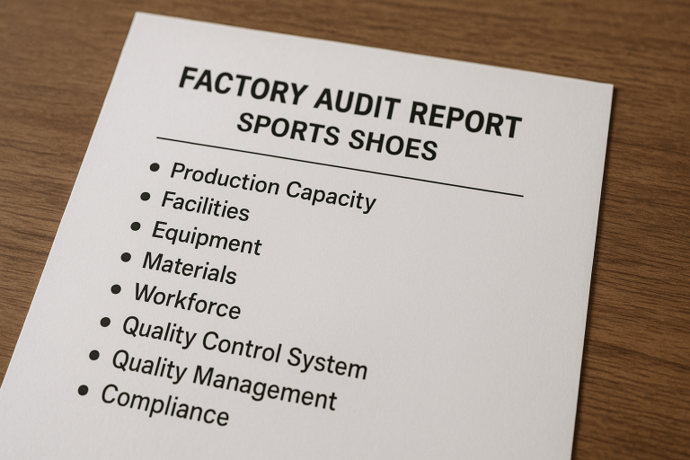 Muestra de un informe de auditoría de fábrica para calzado deportivo, con los puntos clave que yo reviso para evaluar la capacidad y el sistema de gestión de calidad del proveedor.