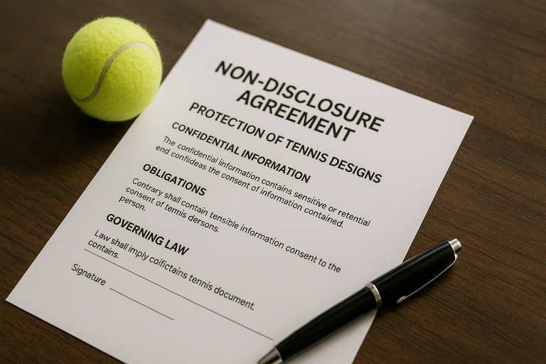 Ilustración de un acuerdo de confidencialidad (NDA) genérico enfocado en la protección de diseños de enis, destacando secciones cruciales que yo incluyo para salvaguardar la PI.
