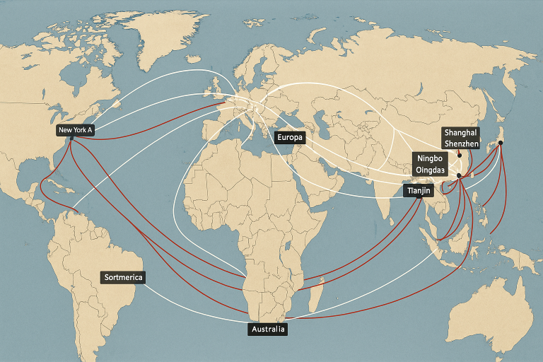 Mapa de rutas logísticas marítimas y aéreas clave desde los principales puertos chinos hasta los mercados globales, visualizando las opciones que yo considero para el transporte de enis.