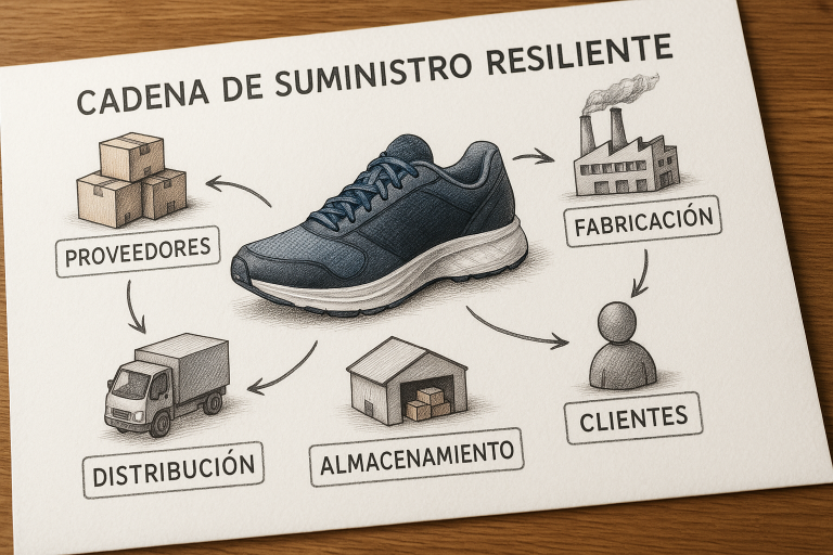 Diagrama conceptual de una cadena de suministro de calzado deportivo resiliente, ilustrando la interconexión y la adaptabilidad que yo busco para mis clientes.