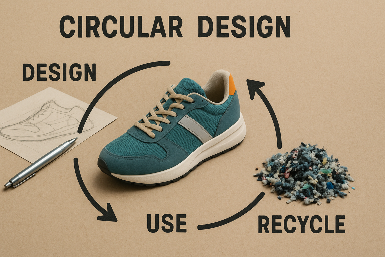 Representación visual del impacto del diseño circular en el calzado deportivo, mostrando cómo yo integro la sostenibilidad desde la concepción del enis hasta su reciclaje.