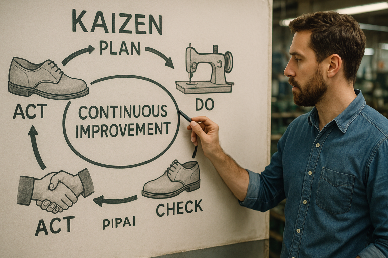 Diagrama de un proceso de mejora continua (Kaizen) aplicado a la fabricación de calzado, ilustrando cómo yo fomento la eficiencia y la calidad con los proveedores.